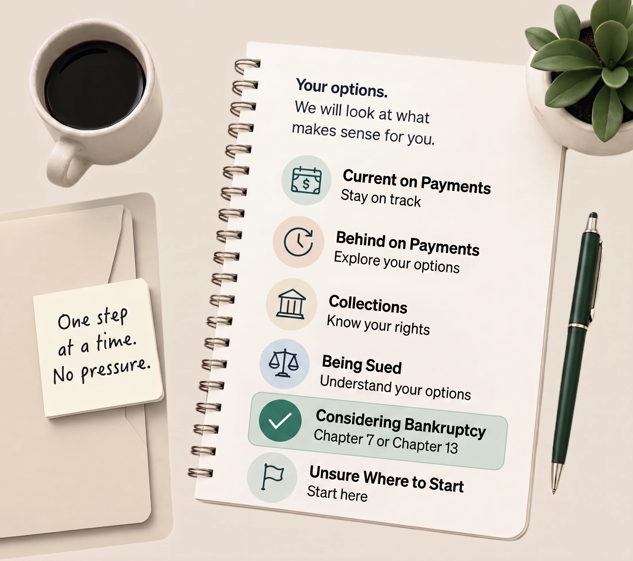 A notebook, bills, and a recovery checklist on a desk