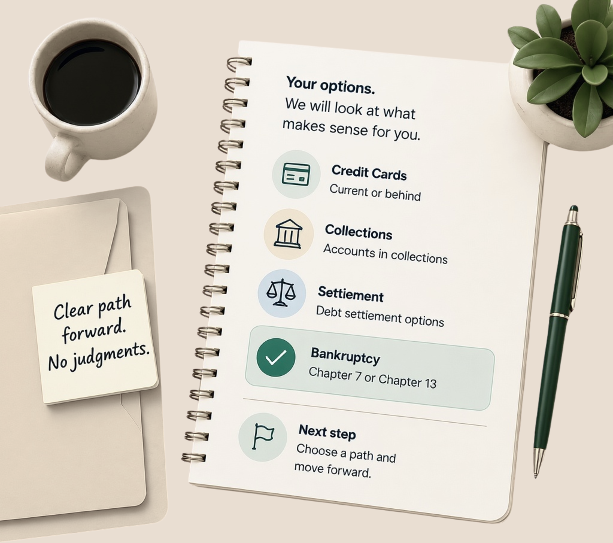 A notebook, bills, and a recovery checklist on a desk